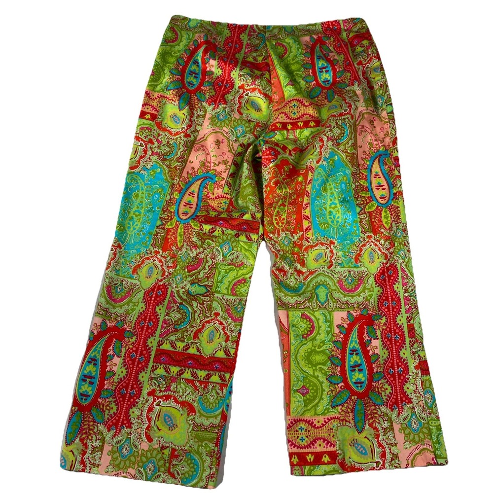 Catherine  Stewart CAPRI PANTS ‎ Cropped SZ 12 GREEN & RED PAISLEY